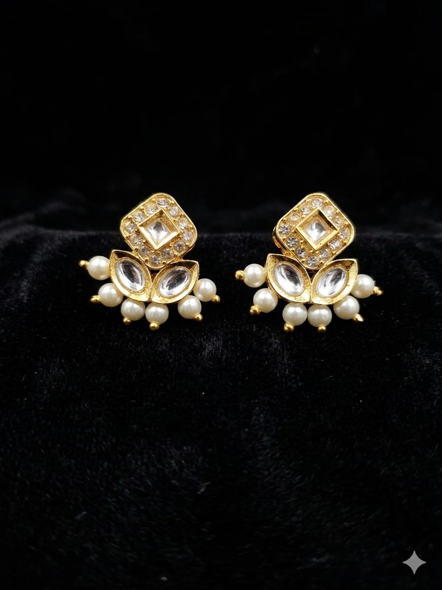 Bud Meenakari Stud Earrings | Pearl, AD & Kundan | Golden Bentex | Festive Bridal