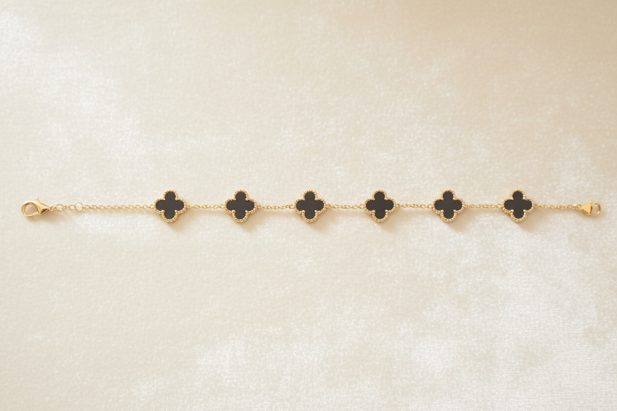 Black Onyx Four-Leaf Clover Charm Bracelet | Gold-Tone Stainless Steel