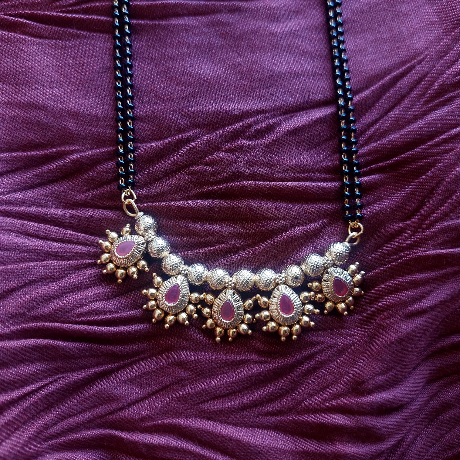 Double Strand Long Mangalsutra | Kundan & AD Drop Pendant | Golden Mani | 35cm