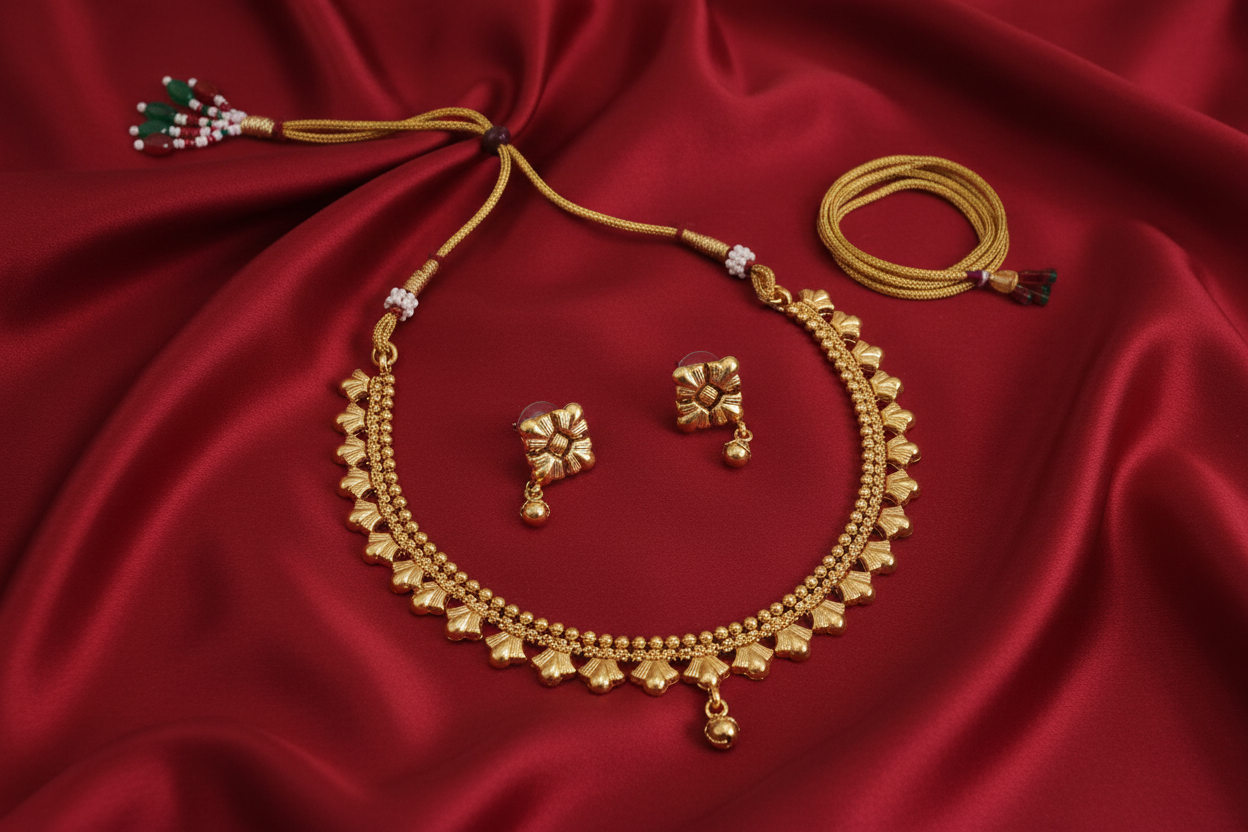 Antique Gold Scallop Fan Choker Necklace & Earrings Set | Traditional Indian Jewellery