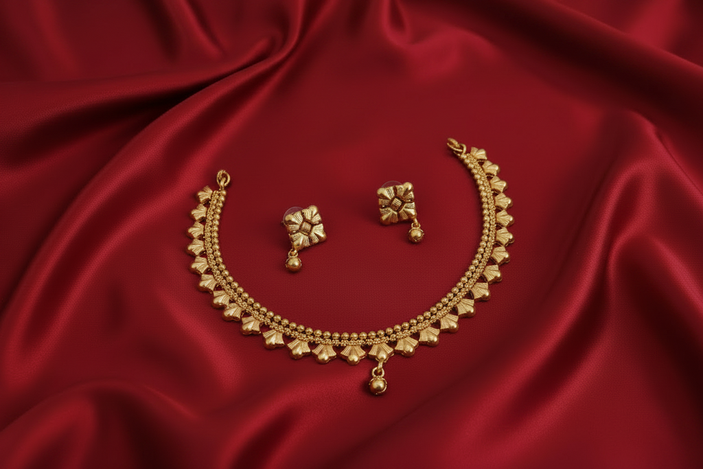 Antique Gold Scallop Fan Choker Necklace & Earrings Set | Traditional Indian Jewellery