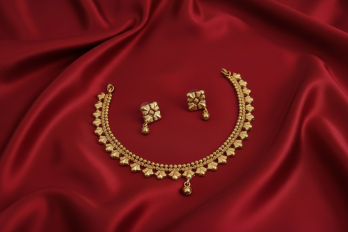Antique Gold Scallop Fan Choker Necklace & Earrings Set | Traditional Indian Jewellery
