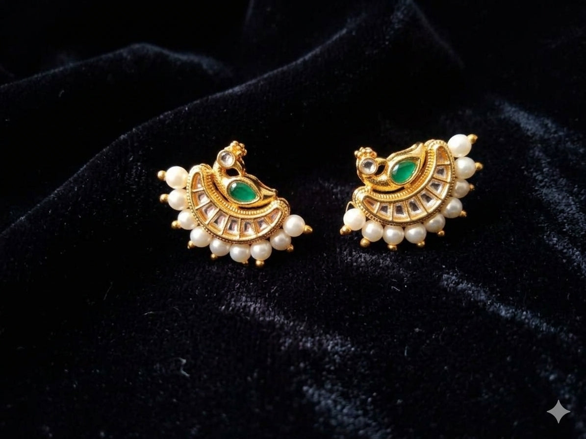 Peacock Meenakari Stud Earrings | Pearl, AD & Kundan | Golden Bentex | Festive Bridal