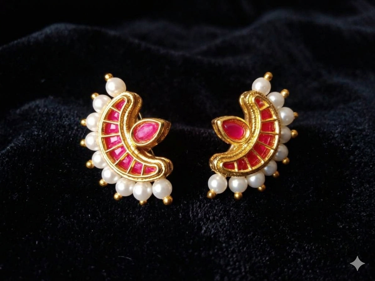 Chandrakor Meenakari Stud Earrings | Pearl & AD Kundan | Golden Bentex | Festive Ethnic Wear