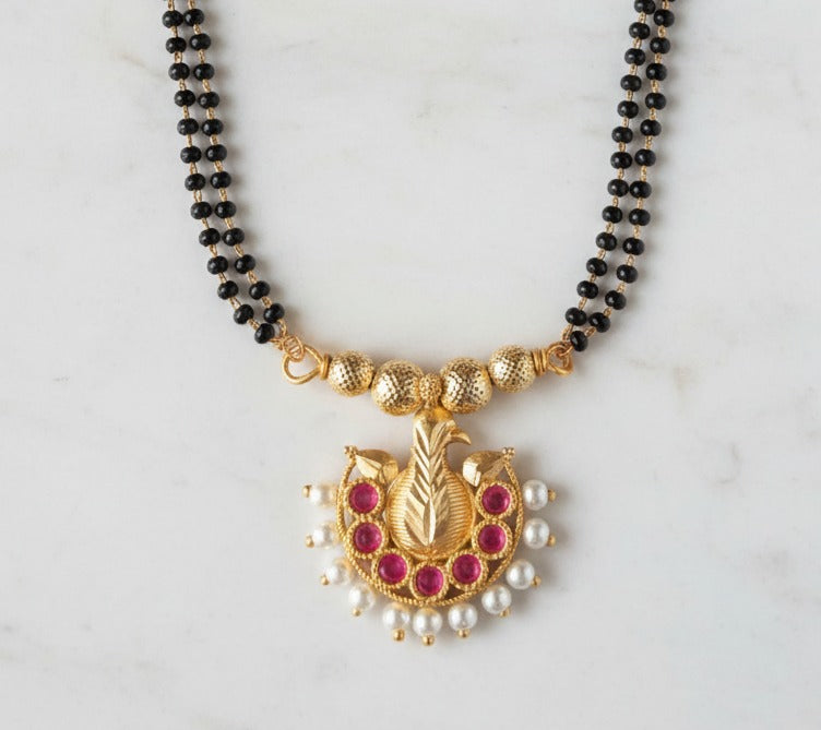 Peacock Short Mangalsutra | Single Waati | Pearl, AD & Kundan | Daily Wear | 20cm