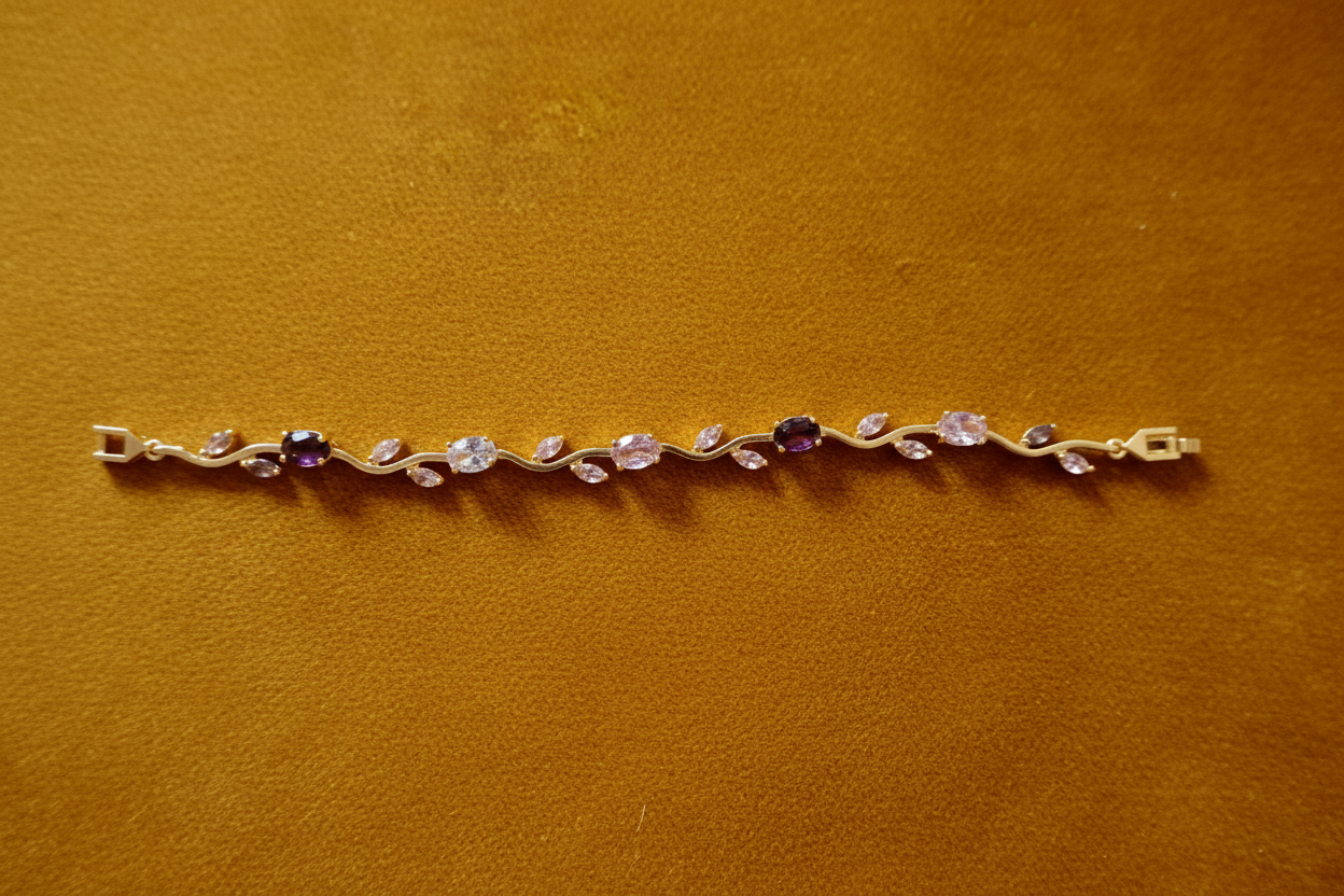 Ombre Amethyst Baby Pink & Lavender CZ Tulip Pattern Bracelet | Gold-Tone Stainless Steel