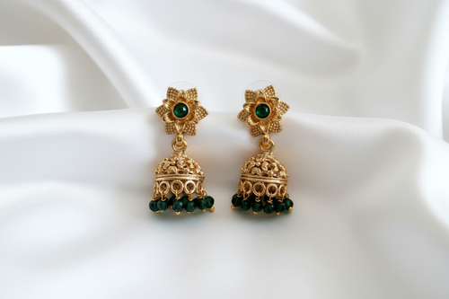 Antique Gold Flower Emerald CZ Jhumka Earrings on White Silk