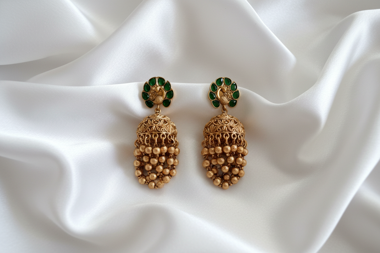 Antique Gold Peacock Jhumka Earrings on White Silk
