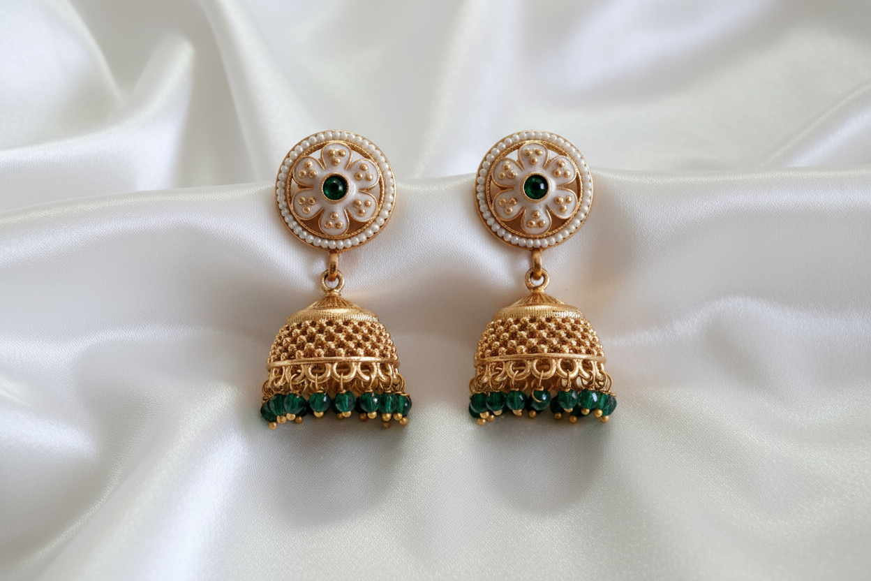Antique Gold Pearl Flower Emerald Jhumka Earrings on White Silk
