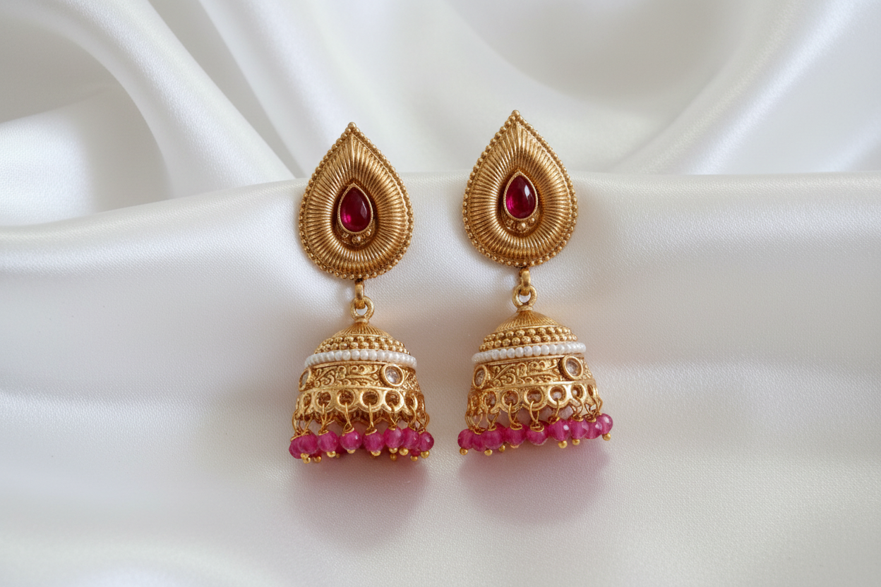 Antique Gold Ruby Jhumka Earrings on White Silk