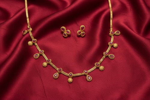 Antique Gold Ruby Red Stone Necklace Set on Red Silk