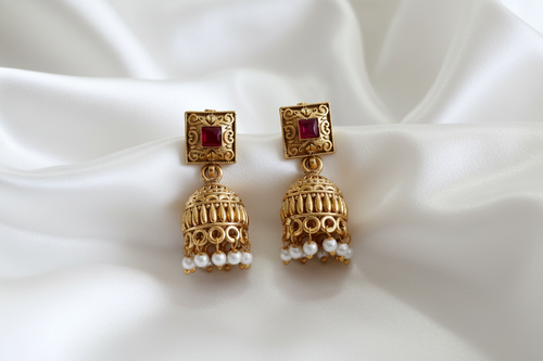 Antique Gold Square Ruby CZ Jhumka Earrings on White Silk
