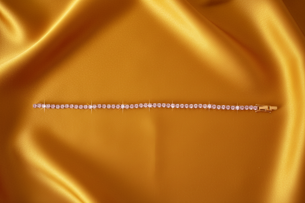 Blush Pink CZ Tennis Bracelet on Turmeric Yellow Silk