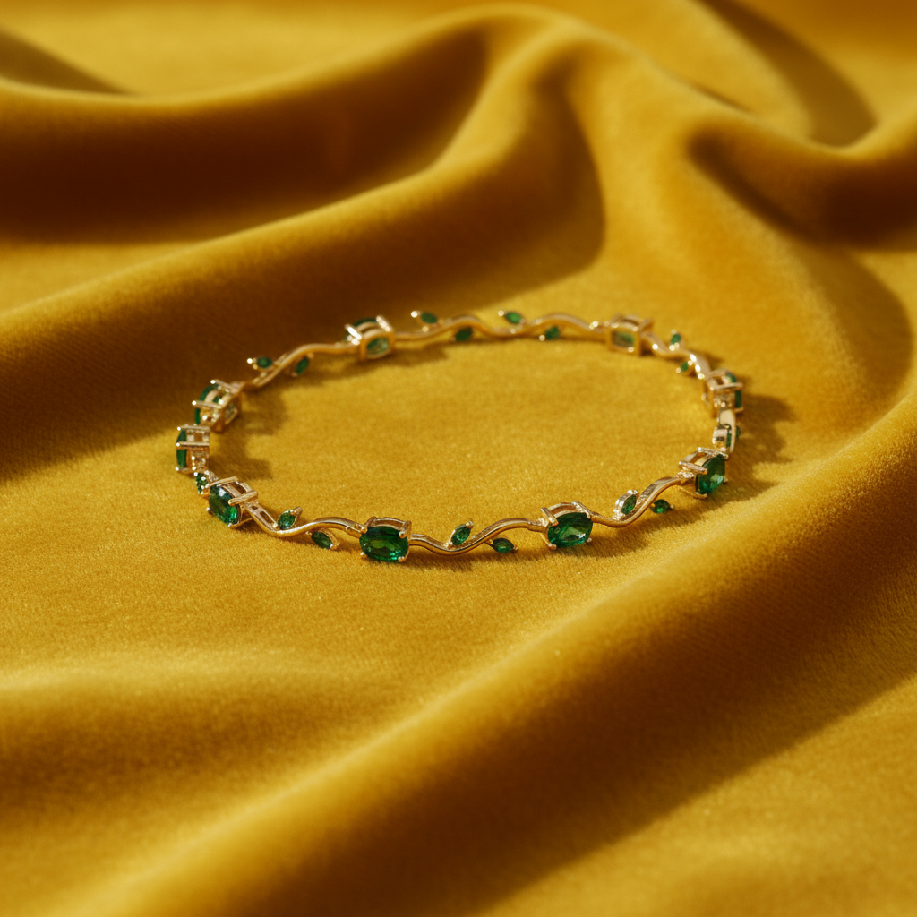 Emerald Green Oval Stone Tulip Pattern Bracelet | Gold-Tone Stainless Steel