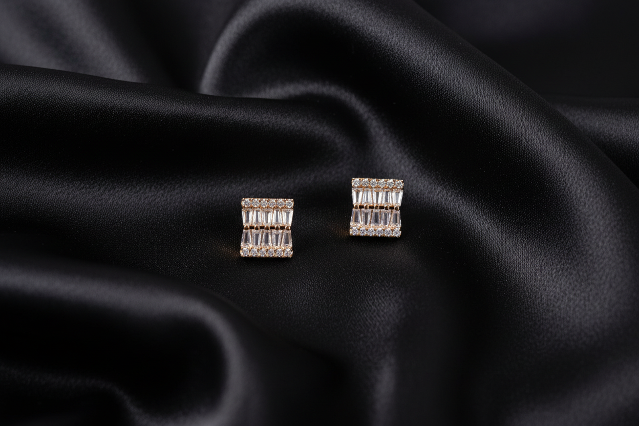 Gold Baguette CZ Rectangle Stud Earrings on Black Silk