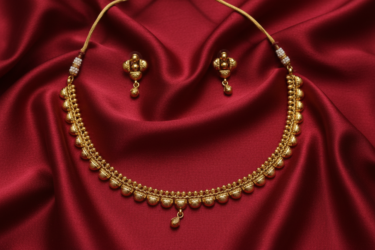 Gold Ball Chain Necklace Set on Red Silk