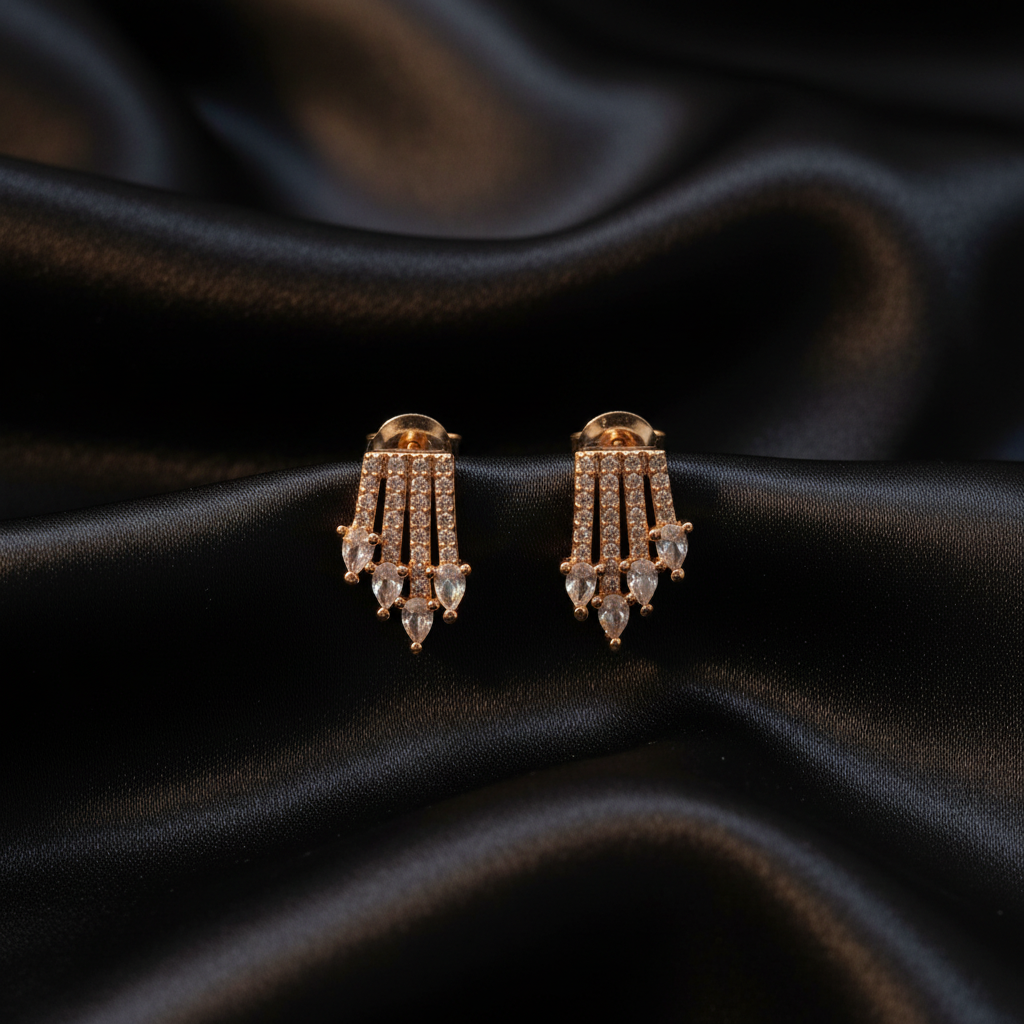 Gold CZ Chandelier Stud Earrings on Black Silk