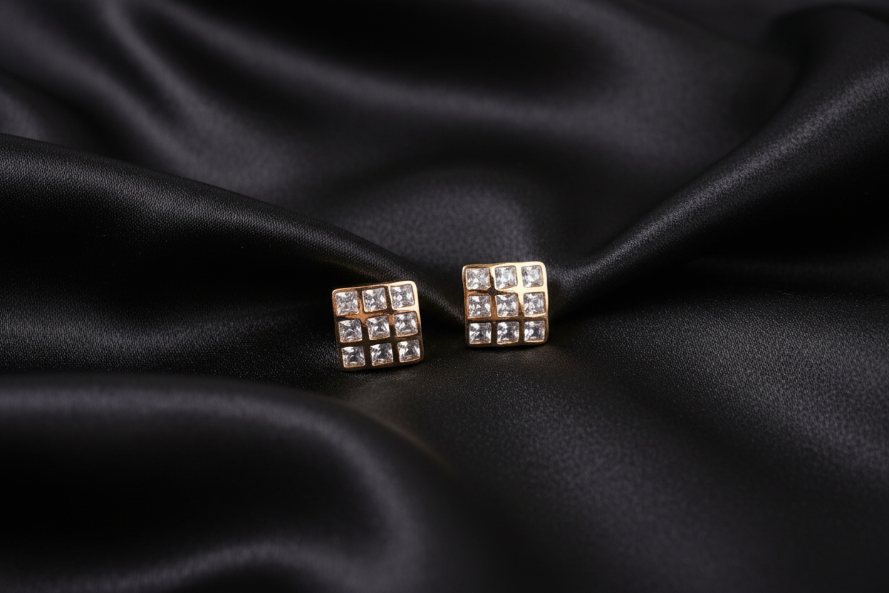Gold CZ Grid Square Stud Earrings on Black Silk