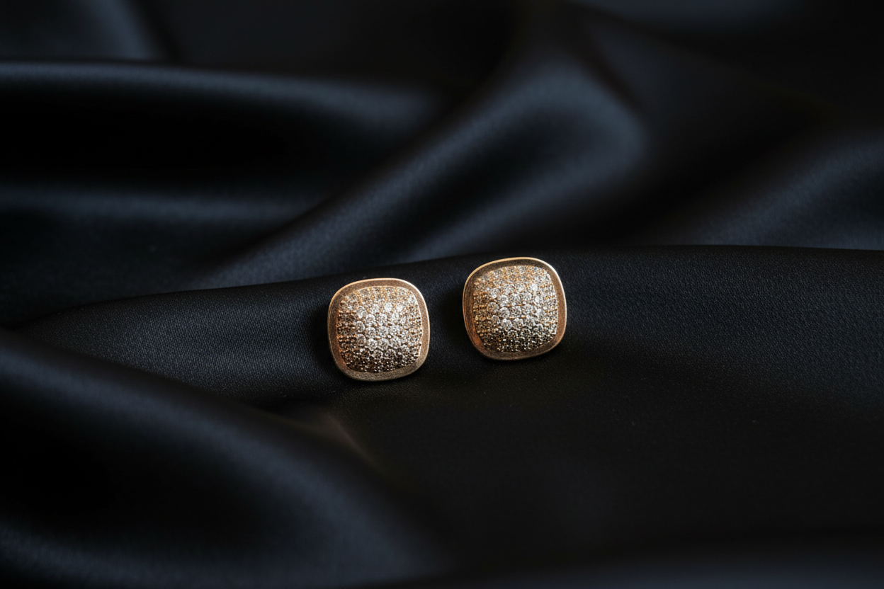 Gold CZ Square Stud Earrings on Black Silk