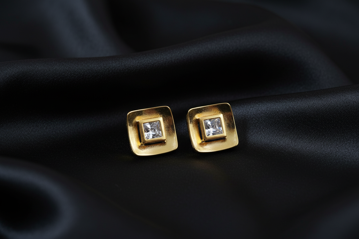 Gold Diamond CZ Stud Earrings on Black Silk