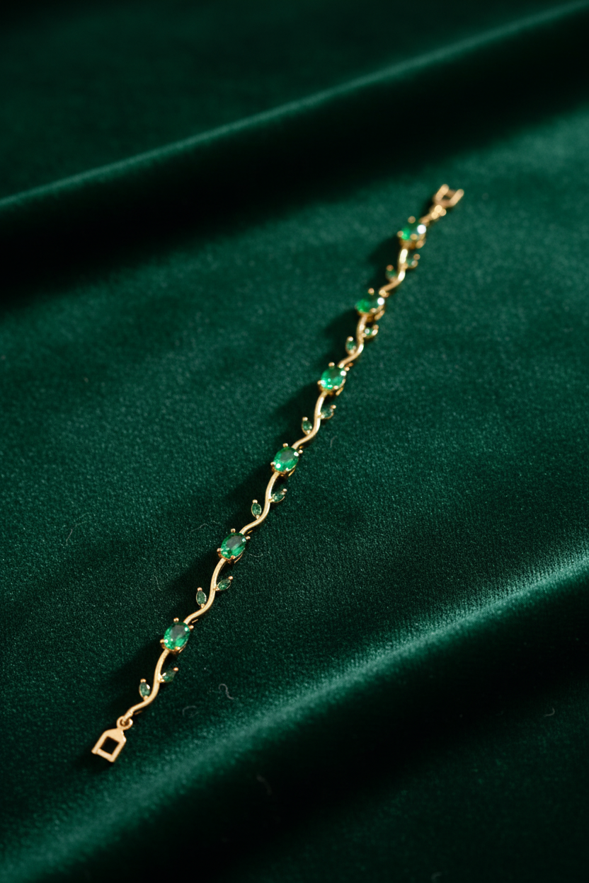 Gold Emerald Green Crystal Wave Bracelet on Green Velvet
