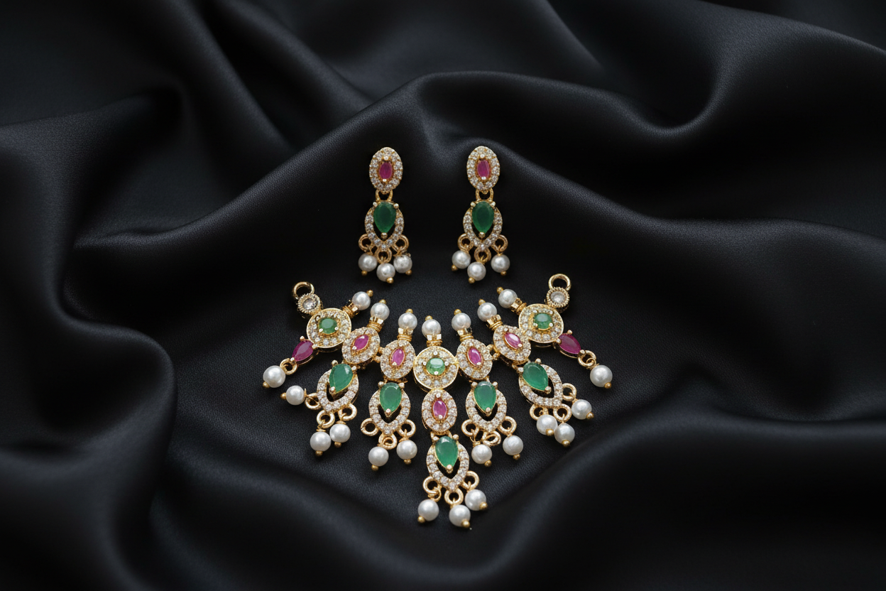 Gold Emerald Green & Pink CZ Pearl Jewellery Set on Black Silk