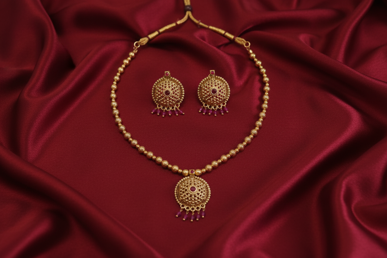 Gold Filigree Pendant Necklace Set on Red Silk