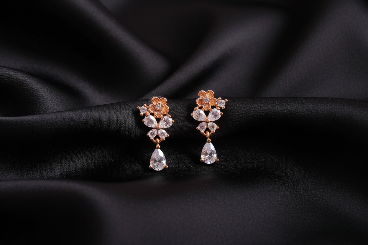 Gold Floral CZ Drop Earrings on Black Silk
