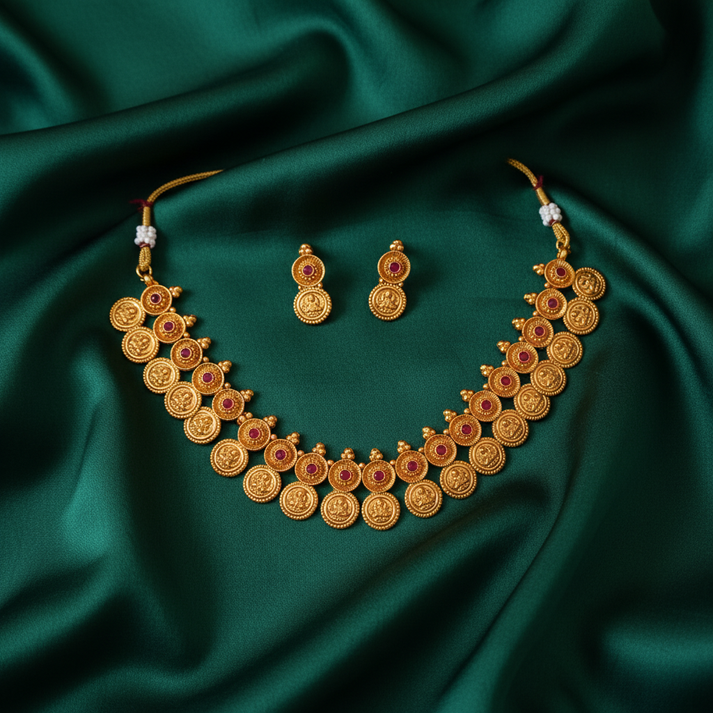 Gold Lakshmi Coin Temple Necklace Set on Bottle Green Silk