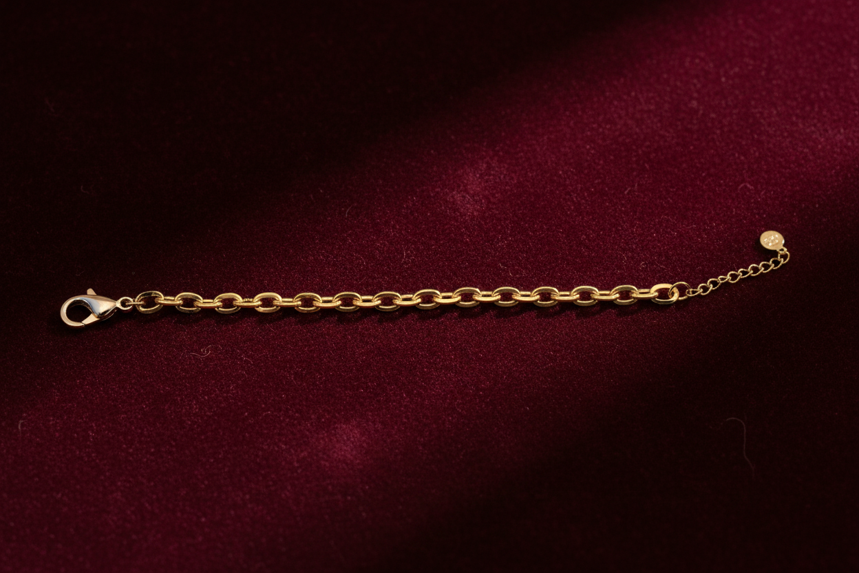 Gold Oval Cable Link Bracelet on Burgundy Velvet