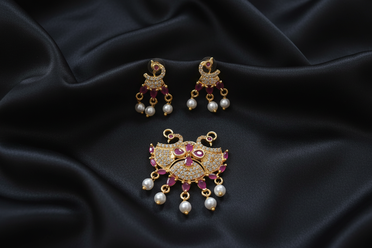 Gold Peacock CZ Pearl Pendant & Earrings Set on Black Silk