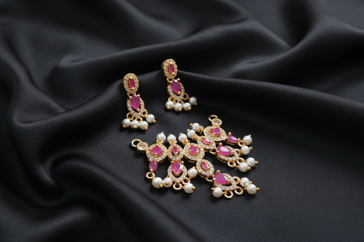 Gold Pink CZ Pearl Jewellery Set on Black Silk