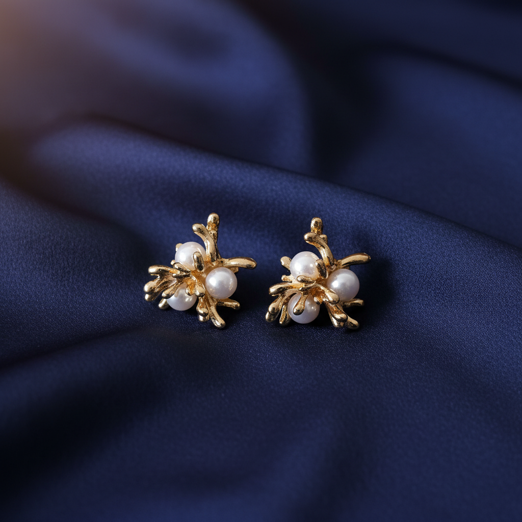 Gold Sculptural Pearl Stud Earrings on Dark Navy Silk