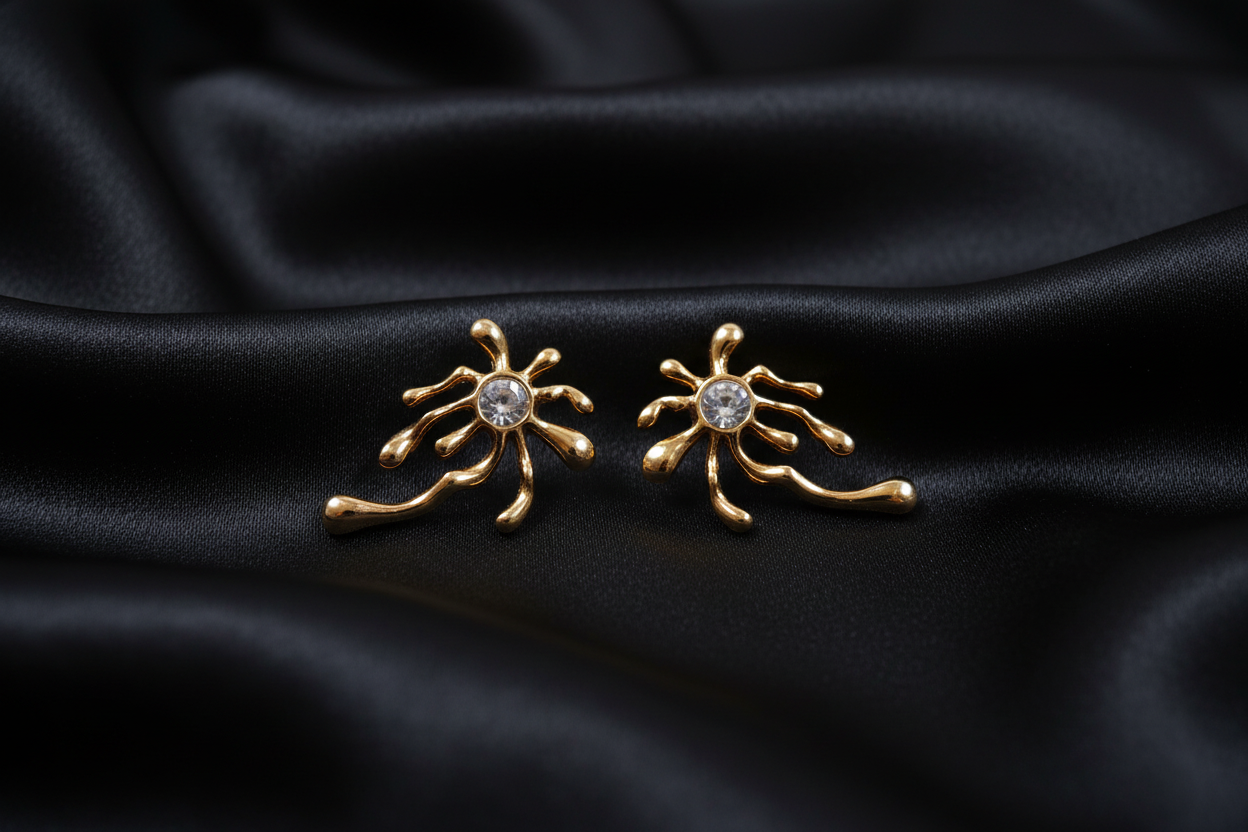 Gold Sunburst CZ Earrings on Black Silk