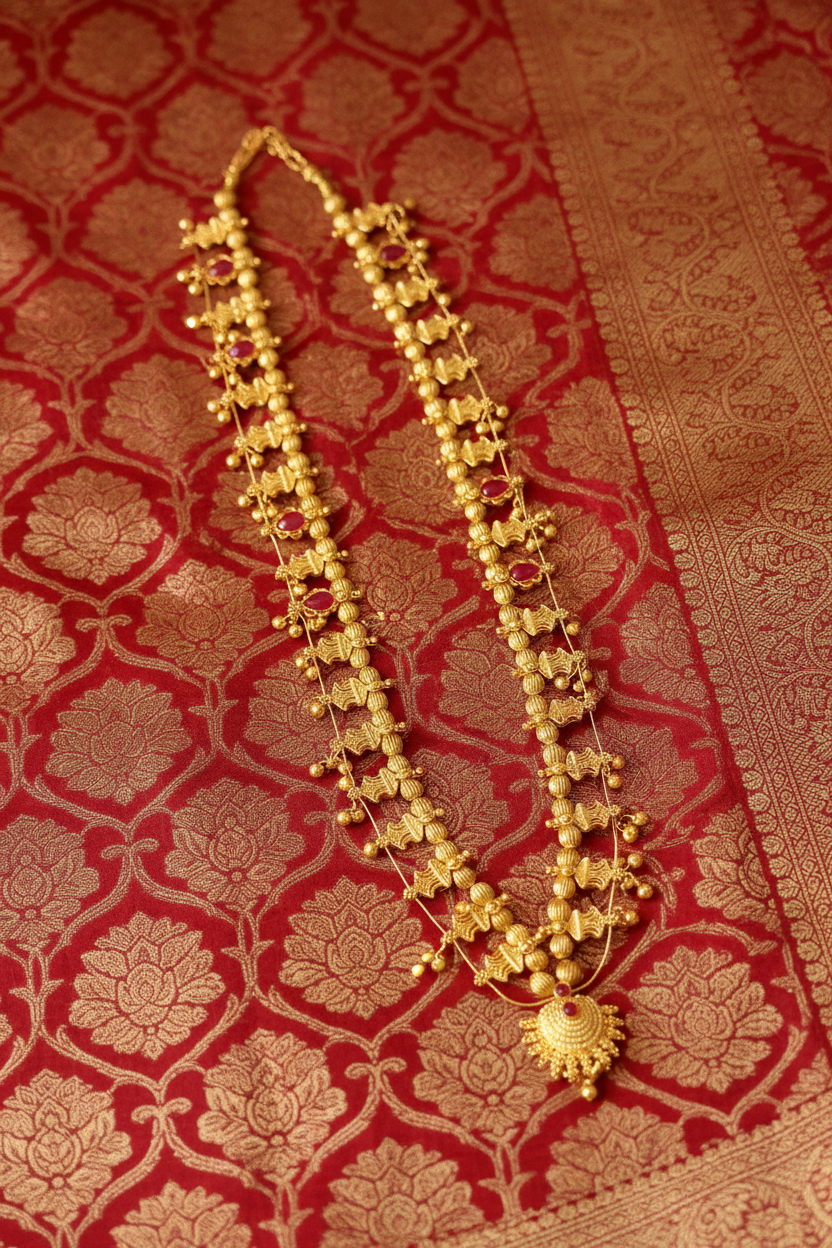 Gold Temple Jewellery Haar on Red Banarasi Silk - Corrected
