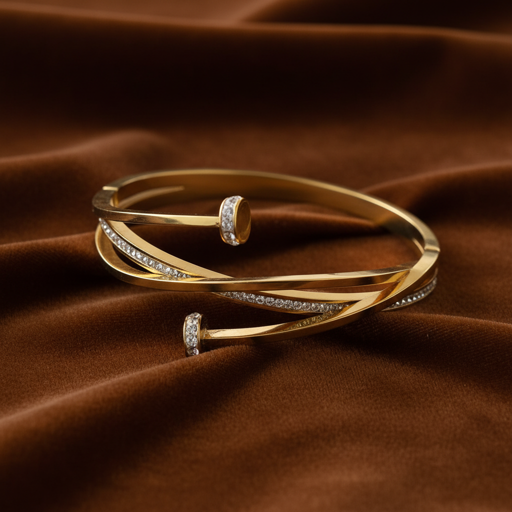 Gold-Tone Crystal Nail Cuff Bangle on Brown Velvet