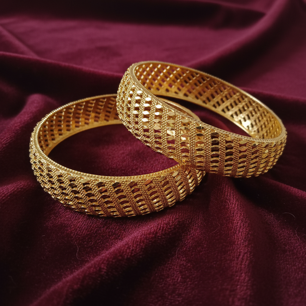 Gold-Tone Diamond Lattice Mesh Bangle Set on Dark Maroon Velvet