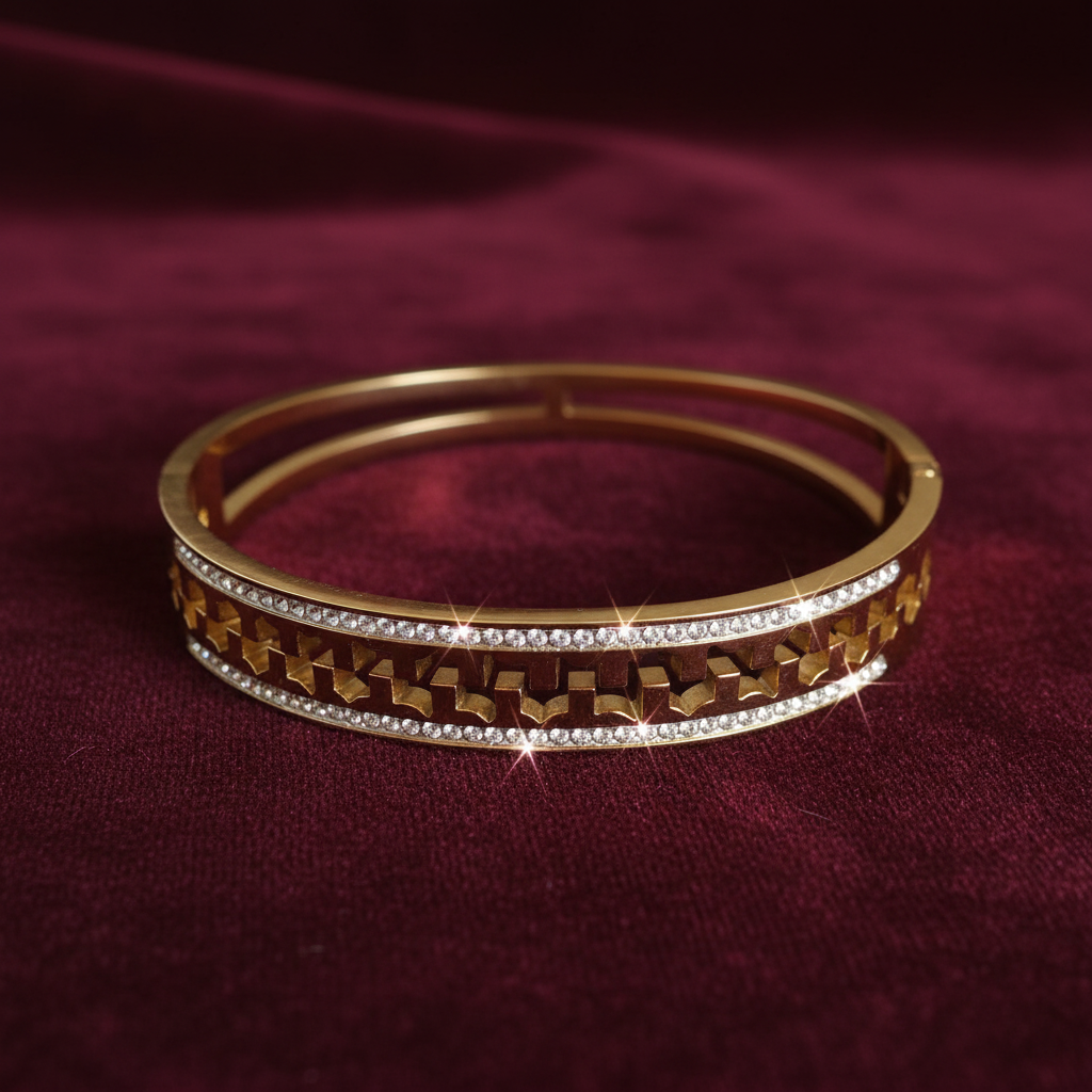 Gold-Tone Geometric Lattice Bangle on Velvet