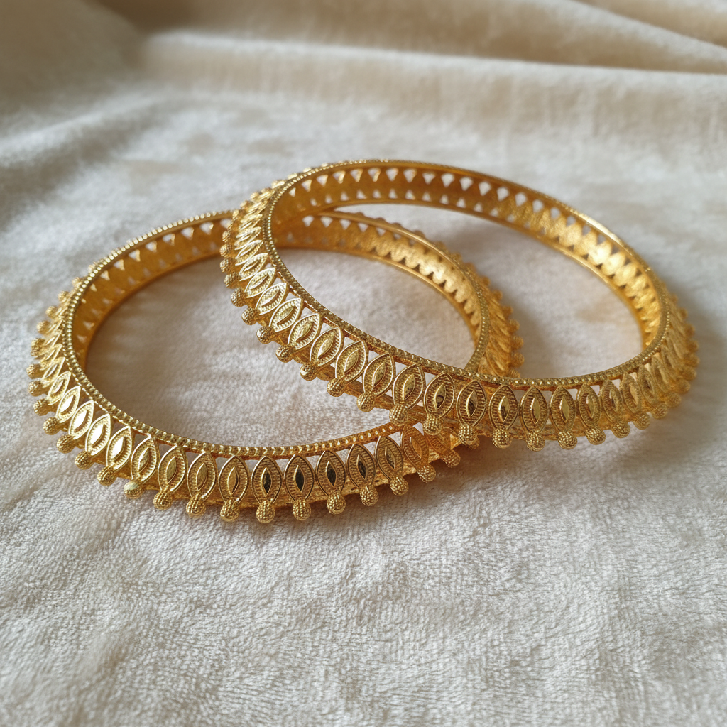 Gold-Tone Leaf Jali Bangle Set on Ivory Velvet