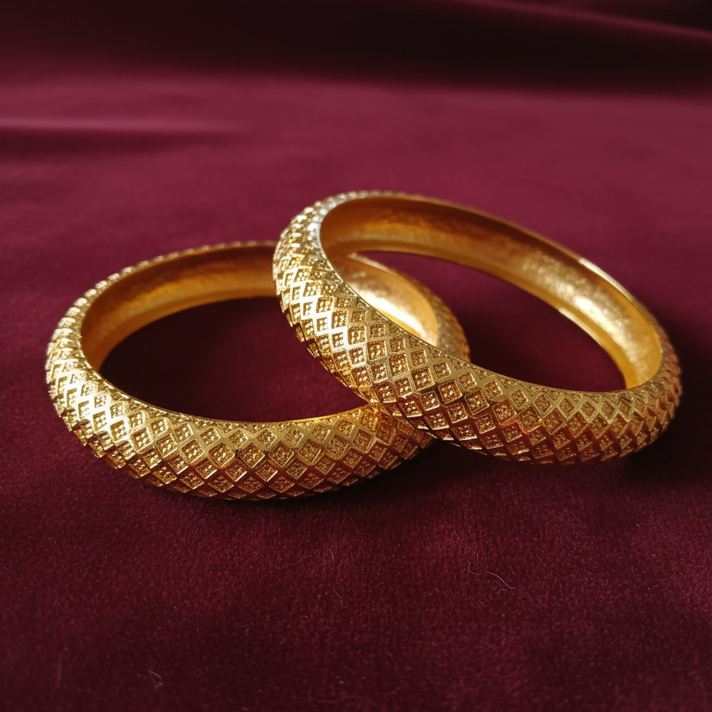 Gold-Tone Solid Dome Bangle Set on Maroon Velvet