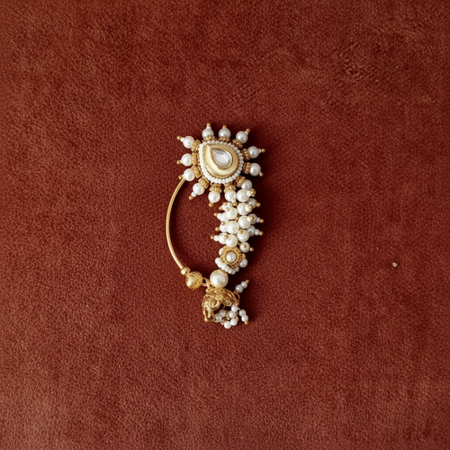 Bridal Kundan Pearl Nath on Maroon Silk Background