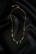 Multicolour Baguette CZ Dangle Necklace Untwisted Chain on Black Silk
