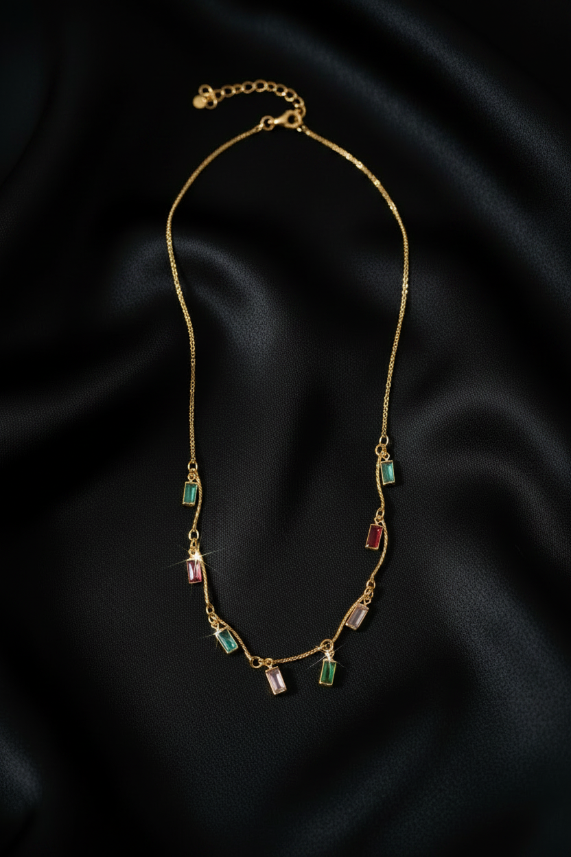 Multicolour Baguette CZ Dangle Necklace Untwisted Chain on Black Silk