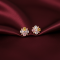 Multicolour CZ Flower Stud Earrings on Dark Burgundy Silk