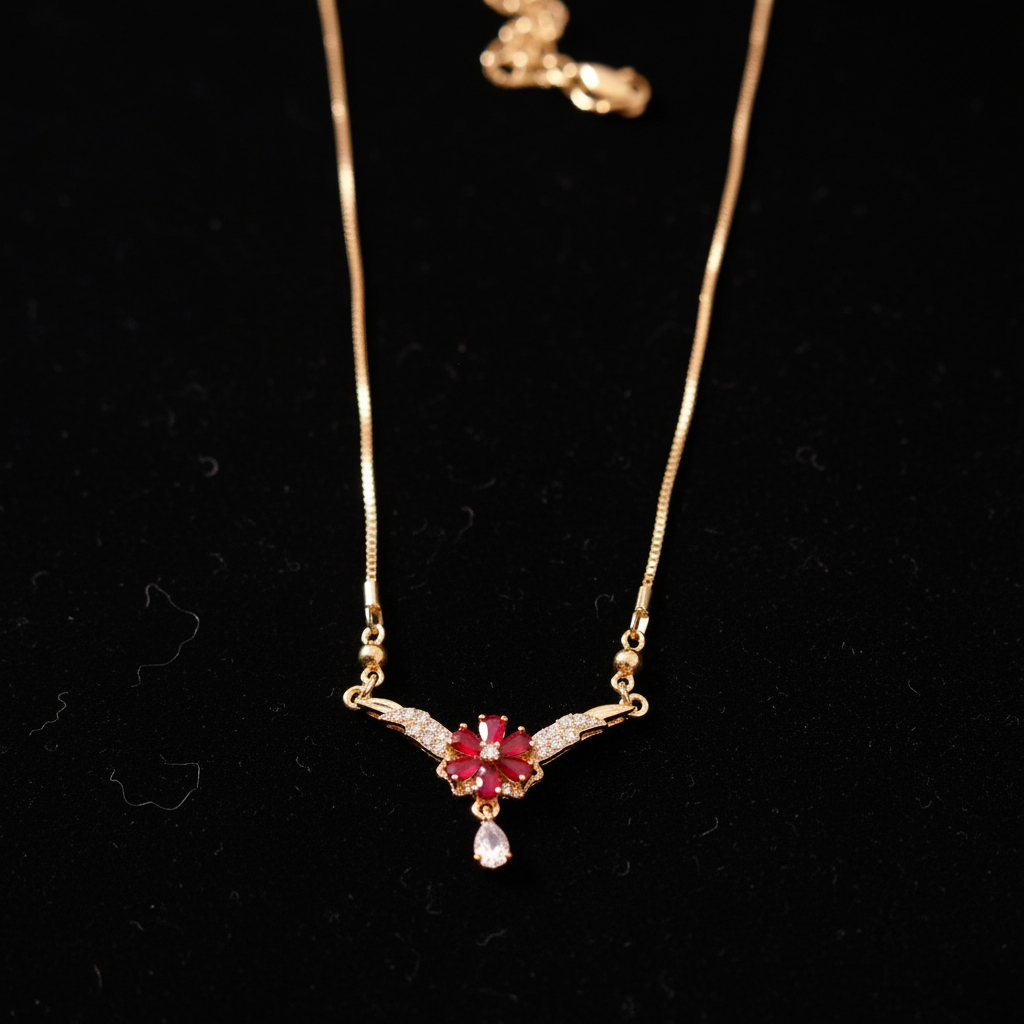 Red Enamel Flower Necklace on Black Velvet
