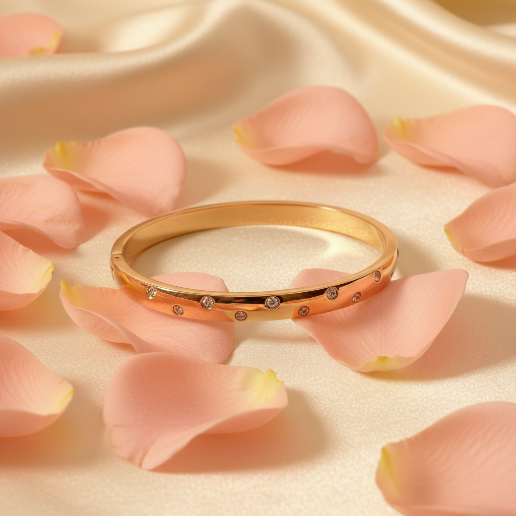 Rose Gold Crystal Bezel Bangle on Rose Petal Background
