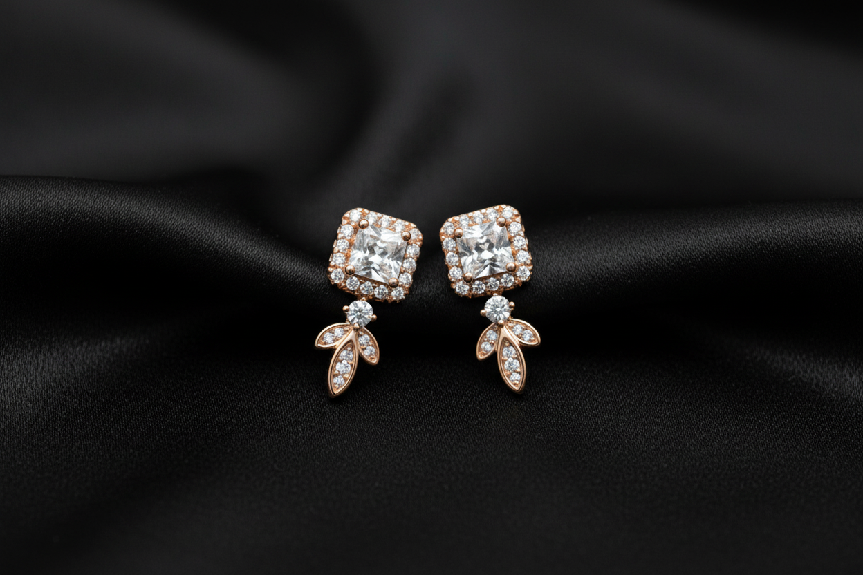 Rose Gold Crystal Halo Leaf Drop Earrings on Black Silk