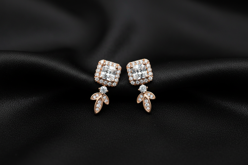 Rose Gold Crystal Halo Leaf Drop Earrings on Black Silk