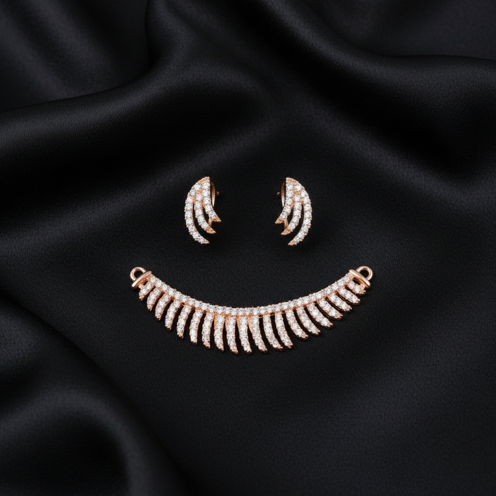 Rose Gold Crystal Jewellery Set on Black Silk