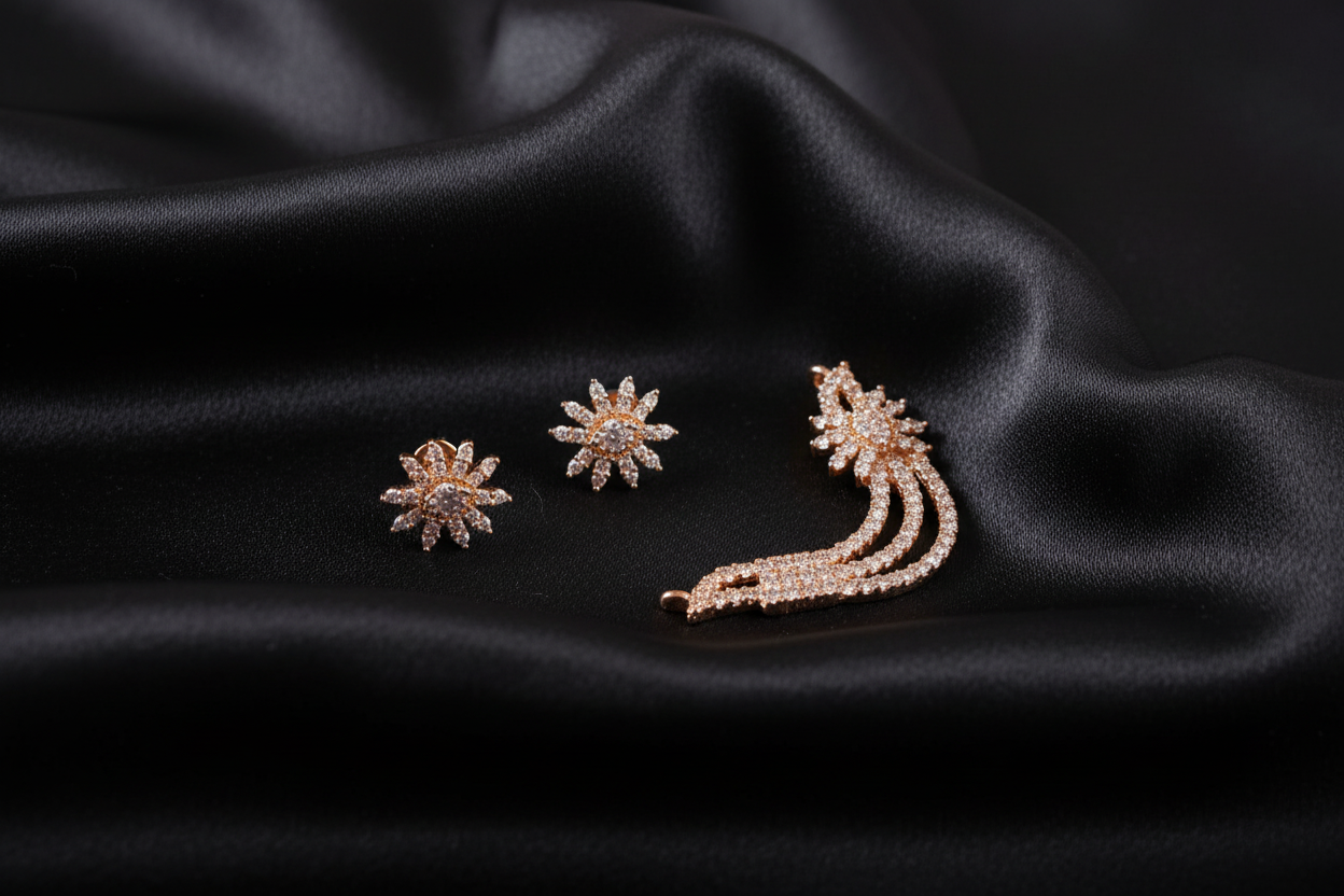 Rose Gold CZ Ear Cuff & Sunburst Stud Earrings Set on Black Silk